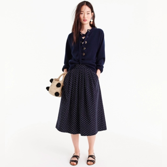 J. Crew Dresses & Skirts - J.Crew Navy Blue Swiss Dot High Waist Pleated Pocket Cotton Midi Skirt TXL